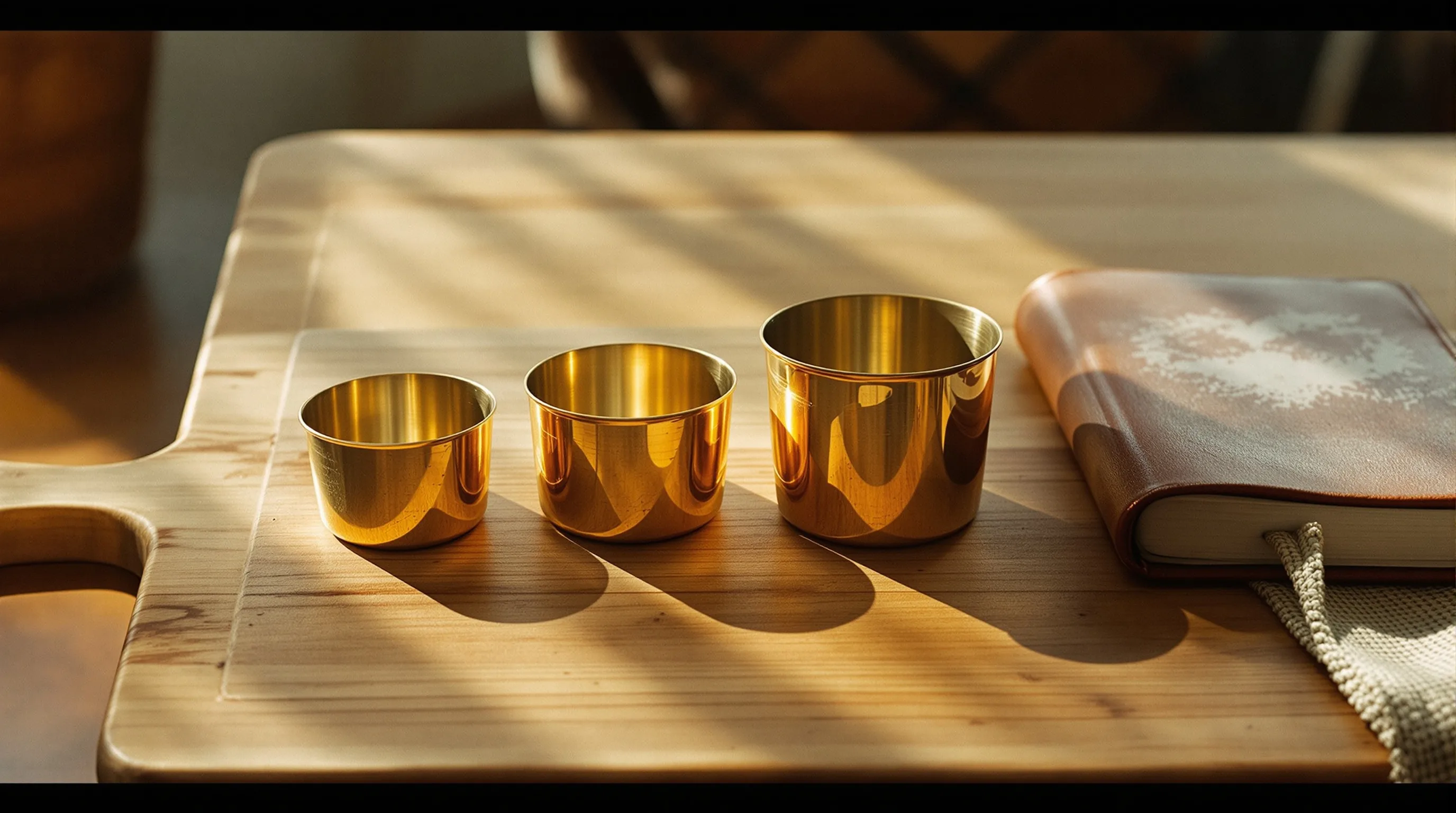 Brass measuring cups arranged in ascending size on a weathered wooden cutting board — the ritual of measurement before you cook.